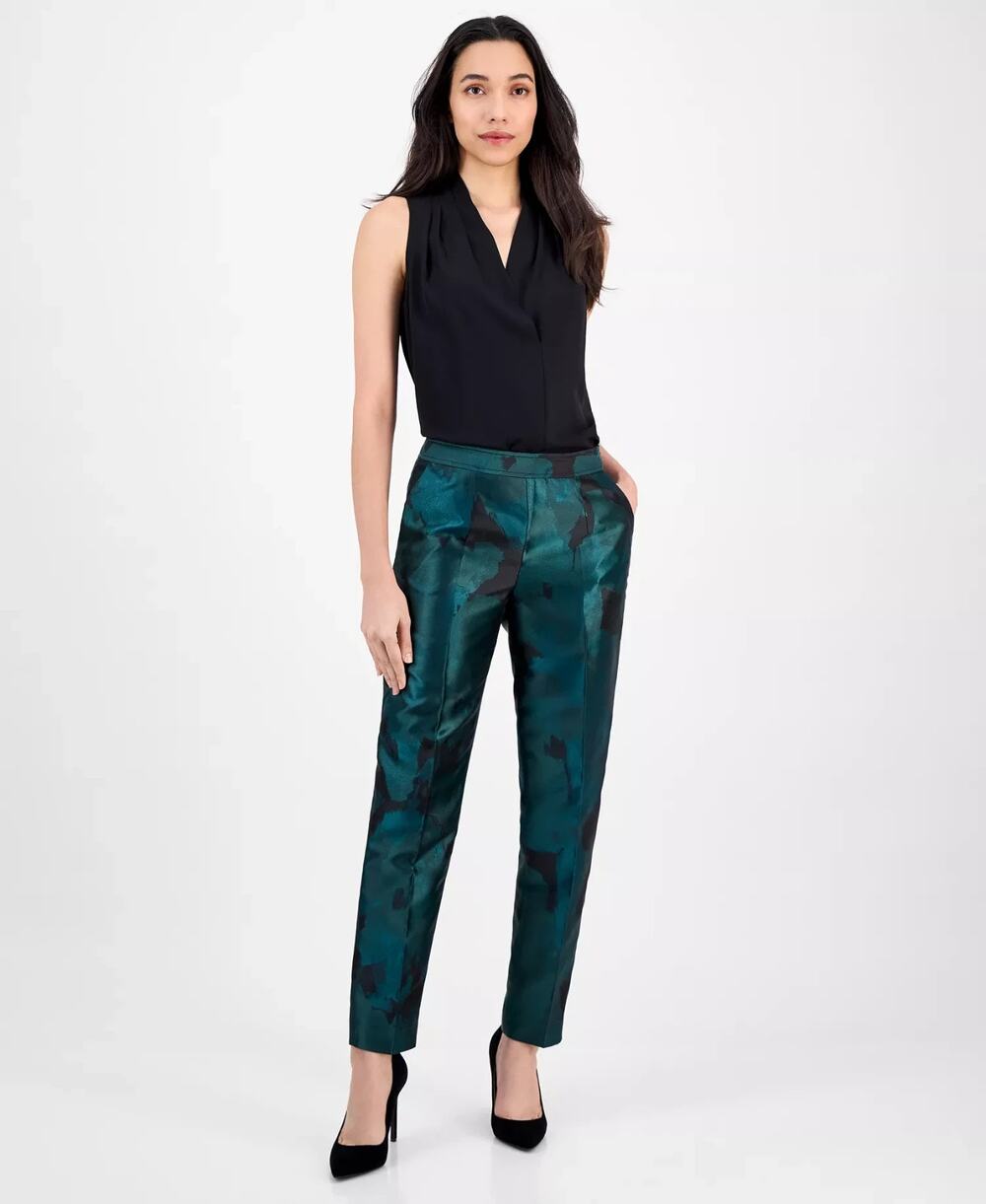Anne Klein Women's Jacquard Mid-Rise Side-Zip Ankle Pants Green Size 4 4039